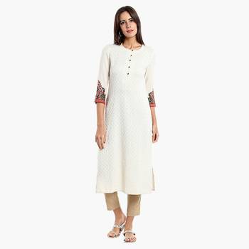Cream Viscose Rayon embroidery Three Quarter Sleeves Round Neck stitched kurtas and kurtis 1