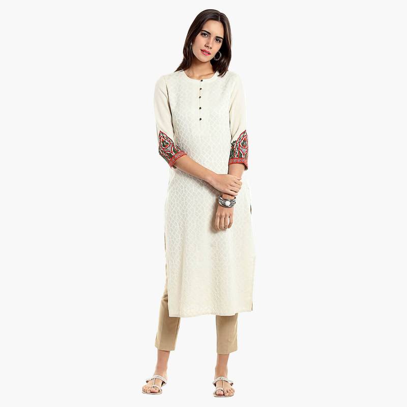 Cream Viscose Rayon embroidery Three Quarter Sleeves Round Neck stitched kurtas and kurtis