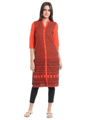 Orange Viscose Rayon embroidery Three Quarter Sleeves V Neck stitched kurtas and kurtis 1