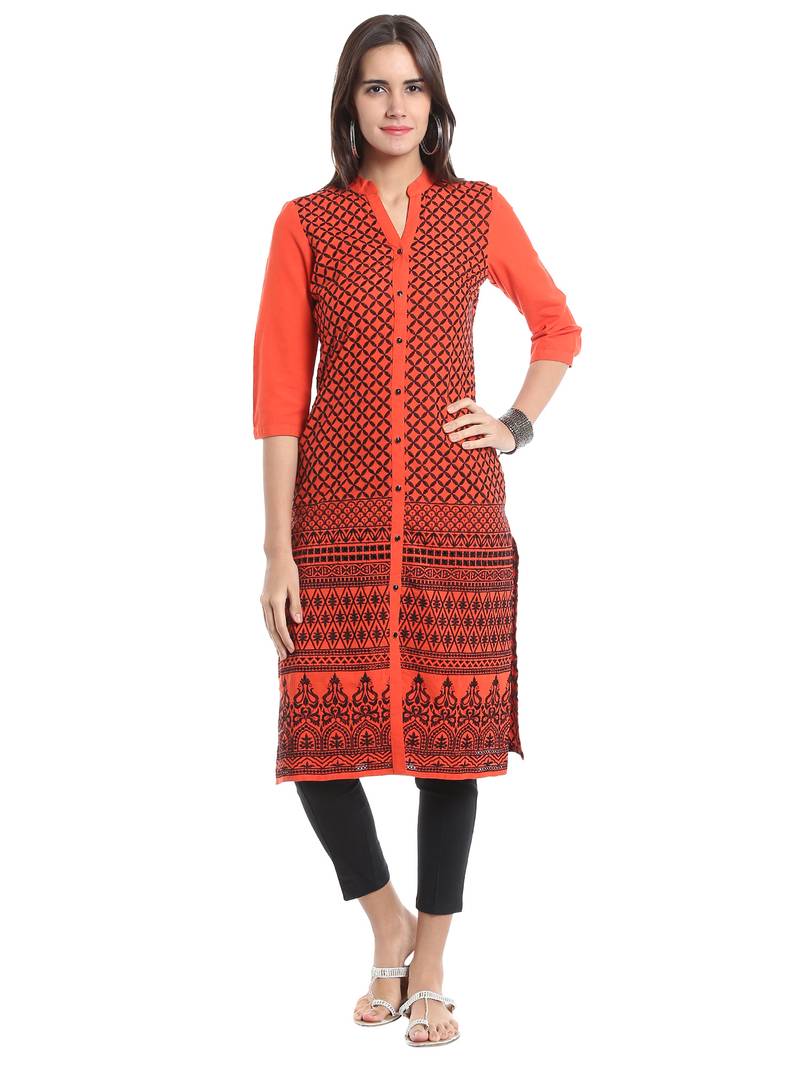 Orange Viscose Rayon embroidery Three Quarter Sleeves V Neck stitched kurtas and kurtis