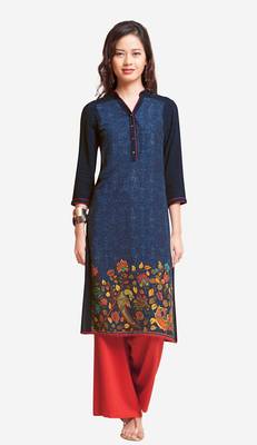Blue Viscose Rayon Three Quarter Sleeves Round Neck stitched kurtas and kurtis 1
