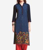 Blue Viscose Rayon Three Quarter Sleeves Round Neck stitched kurtas and kurtis