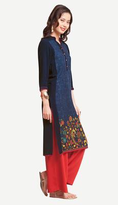 Blue Viscose Rayon Three Quarter Sleeves Round Neck stitched kurtas and kurtis 2