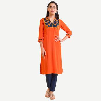Orange Viscose Rayon embroidery Three Quarter Sleeves V Neck stitched kurtas and kurtis 1