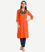 Orange Viscose Rayon embroidery Three Quarter Sleeves V Neck stitched kurtas and kurtis