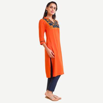 Orange Viscose Rayon embroidery Three Quarter Sleeves V Neck stitched kurtas and kurtis 2