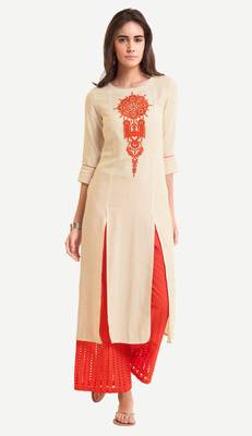 White Viscose Rayon embroidery Three Quarter Sleeves Round Neck stitched kurtas and kurtis 1