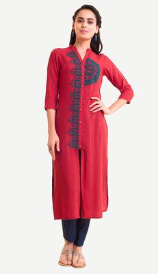 Red Viscose Rayon embroidery Three Quarter Sleeves Round Neck stitched kurtas and kurtis 1