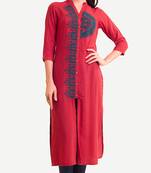 Red Viscose Rayon embroidery Three Quarter Sleeves Round Neck stitched kurtas and kurtis