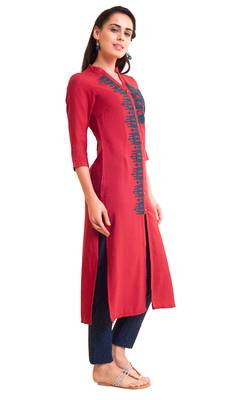 Red Viscose Rayon embroidery Three Quarter Sleeves Round Neck stitched kurtas and kurtis 2