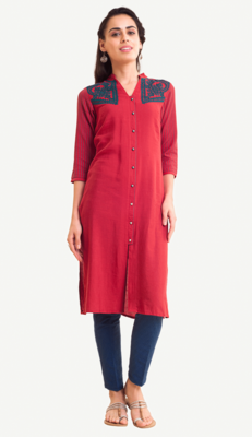 Red Viscose Rayon embroidery Three Quarter Sleeves V Neck stitched kurtas and kurtis 1