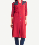 Red Viscose Rayon embroidery Three Quarter Sleeves V Neck stitched kurtas and kurtis