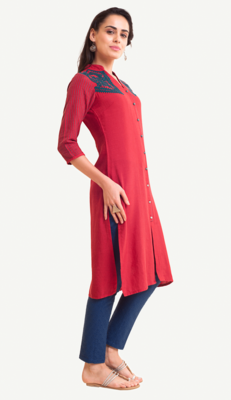 Red Viscose Rayon embroidery Three Quarter Sleeves V Neck stitched kurtas and kurtis 2