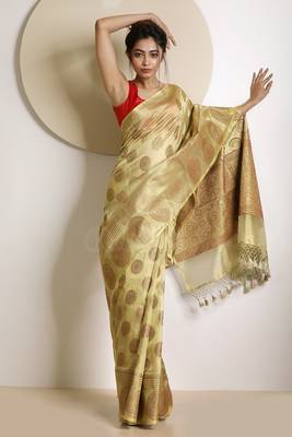 Beige hand woven tissue saree with blouse 1