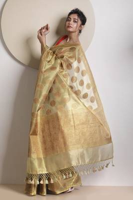 Beige hand woven tissue saree with blouse 2