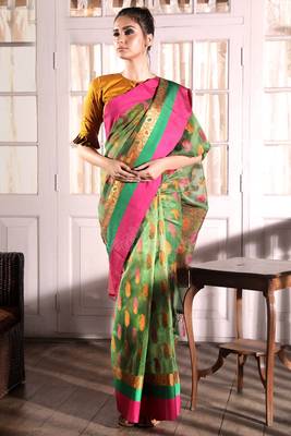 Green hand woven banarasi silk saree with blouse 1