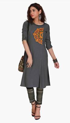 Grey Viscose Rayon embroidery Three Quarter Sleeves Round Neck stitched kurtas and kurtis 1