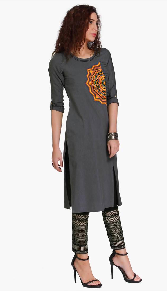 Grey Viscose Rayon embroidery Three Quarter Sleeves Round Neck stitched kurtas and kurtis