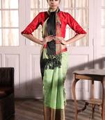 Green hand woven pure kora saree with blouse