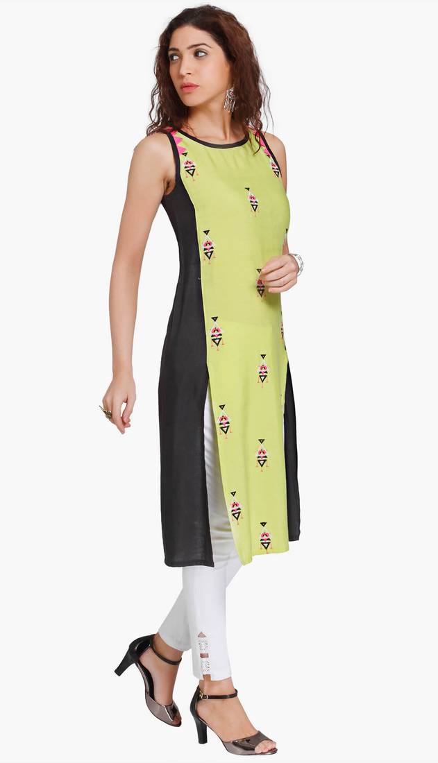 Green Viscose Rayon embroidery Sleeveless Round Neck stitched kurtas and kurtis
