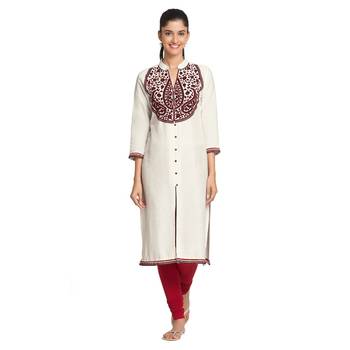White Viscose Rayon embroidery Three Quarter Sleeves V Neck stitched kurtas and kurtis 1