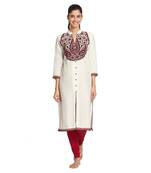 White Viscose Rayon embroidery Three Quarter Sleeves V Neck stitched kurtas and kurtis