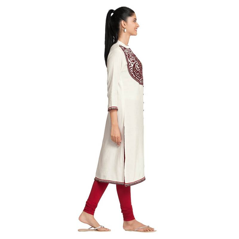 White Viscose Rayon embroidery Three Quarter Sleeves V Neck stitched kurtas and kurtis