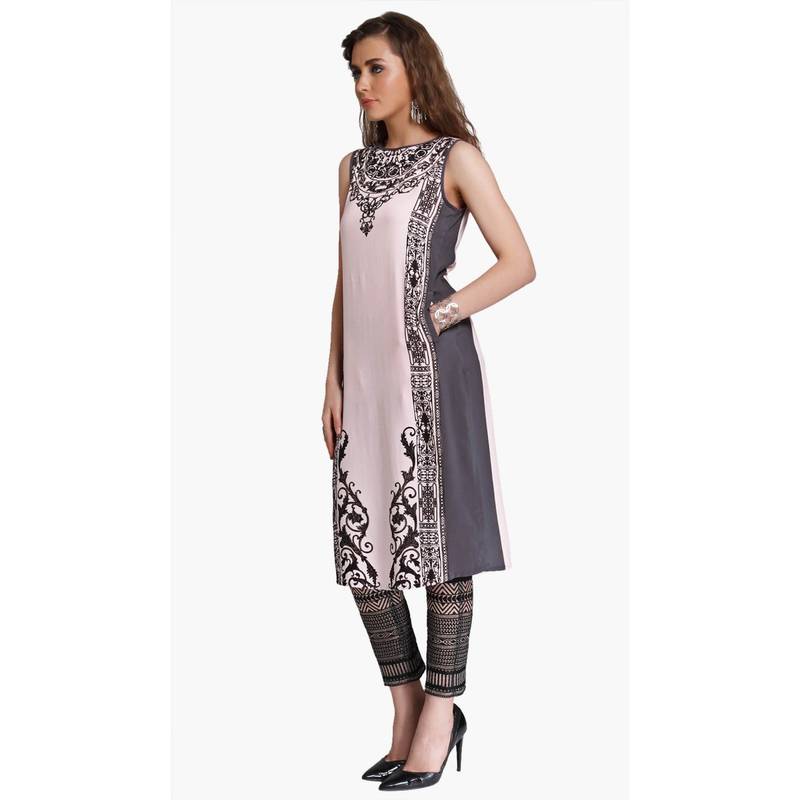 Pink Viscose Rayon embroidery Sleeveless Round Neck stitched kurtas and kurtis