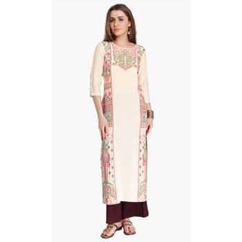 Cream Viscose Rayon embroidery Three Quarter Sleeves Round Neck stitched kurtas and kurtis 1