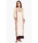 Cream Viscose Rayon embroidery Three Quarter Sleeves Round Neck stitched kurtas and kurtis