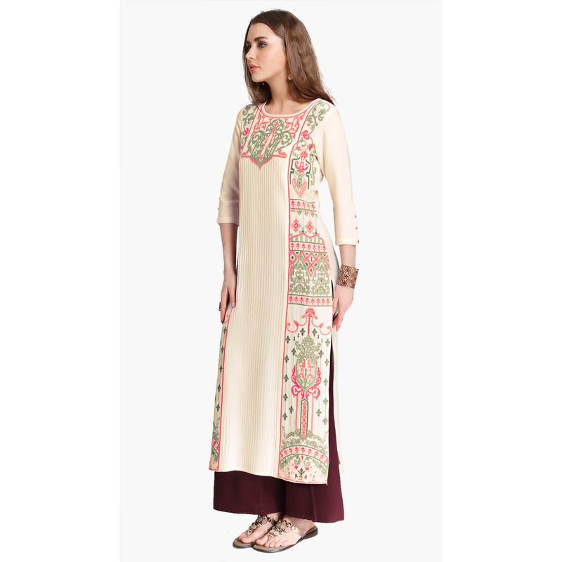 Cream Viscose Rayon embroidery Three Quarter Sleeves Round Neck stitched kurtas and kurtis