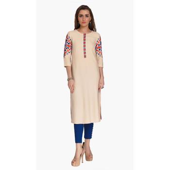 Beige Viscose Rayon embroidery Three Quarter Sleeves Round Neck stitched kurtas and kurtis 1