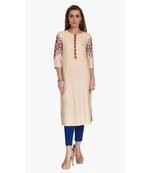 Beige Viscose Rayon embroidery Three Quarter Sleeves Round Neck stitched kurtas and kurtis