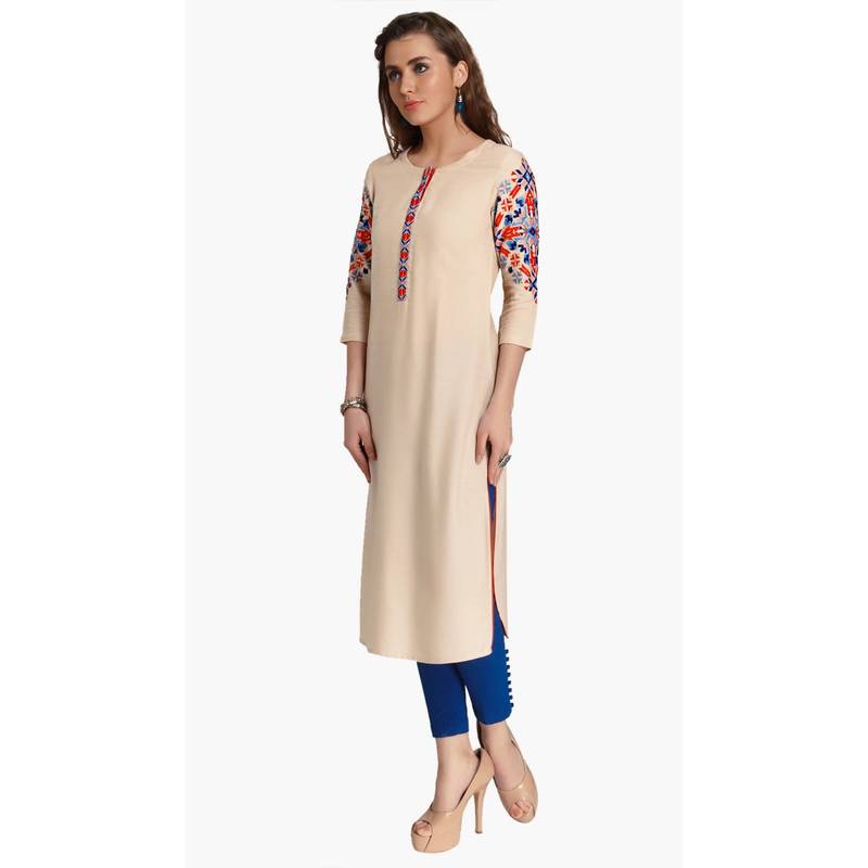 Beige Viscose Rayon embroidery Three Quarter Sleeves Round Neck stitched kurtas and kurtis