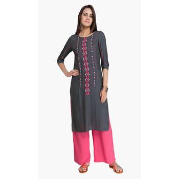 Grey Viscose Rayon embroidery Three Quarter Sleeves Round Neck stitched kurtas and kurtis 1