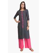 Grey Viscose Rayon embroidery Three Quarter Sleeves Round Neck stitched kurtas and kurtis