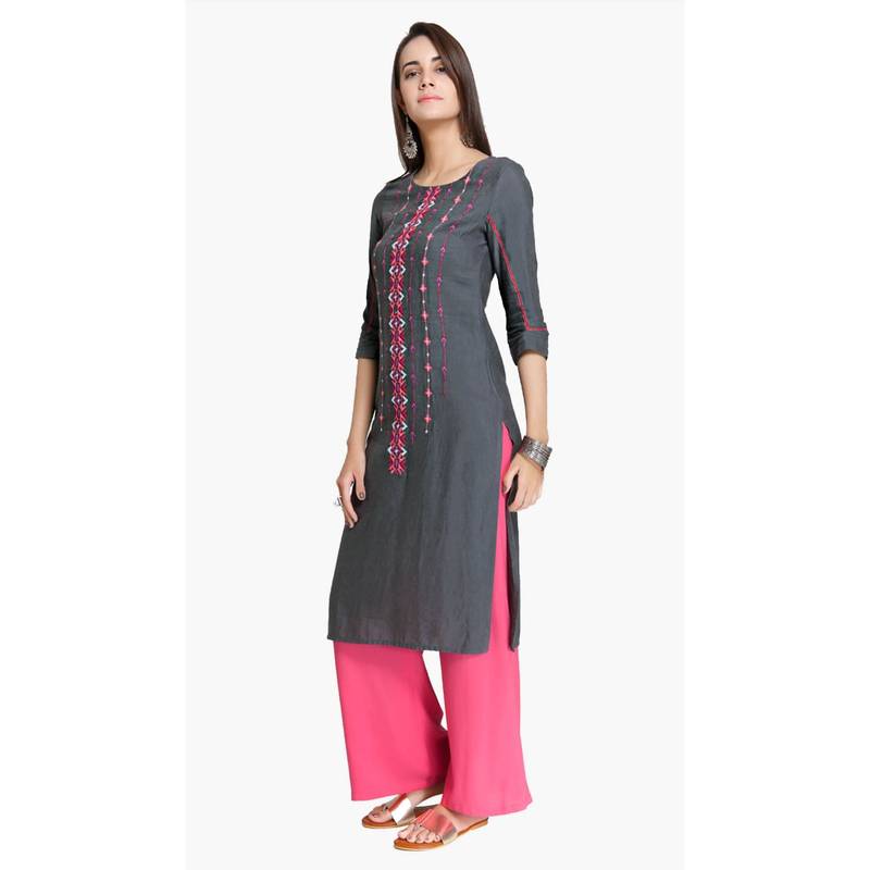 Grey Viscose Rayon embroidery Three Quarter Sleeves Round Neck stitched kurtas and kurtis