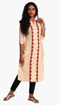 Beige Viscose Rayon embroidery Three Quarter Sleeves V Neck stitched kurtas and kurtis 1