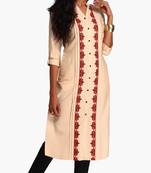 Beige Viscose Rayon embroidery Three Quarter Sleeves V Neck stitched kurtas and kurtis