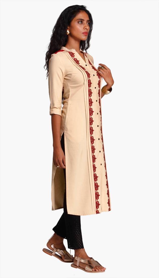 Beige Viscose Rayon embroidery Three Quarter Sleeves V Neck stitched kurtas and kurtis