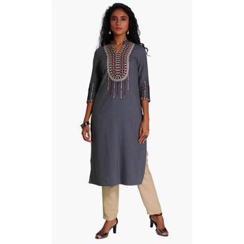 Grey Viscose Rayon embroidery Three Quarter Sleeves V Neck stitched kurtas and kurtis 1