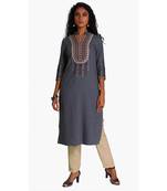 Grey Viscose Rayon embroidery Three Quarter Sleeves V Neck stitched kurtas and kurtis