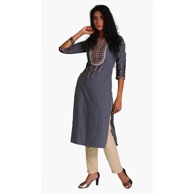 Grey Viscose Rayon embroidery Three Quarter Sleeves V Neck stitched kurtas and kurtis