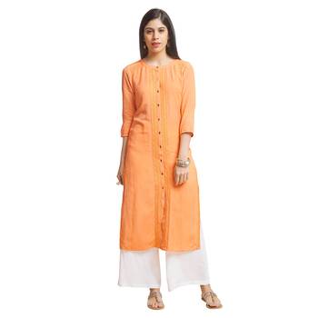 Orange Viscose Rayon Three Quarter Sleeves Round Neck stitched kurtas and kurtis 1