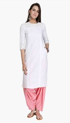 White Viscose Rayon embroidery Three Quarter Sleeves Round Neck stitched kurtas and kurtis 1