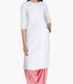 White Viscose Rayon embroidery Three Quarter Sleeves Round Neck stitched kurtas and kurtis