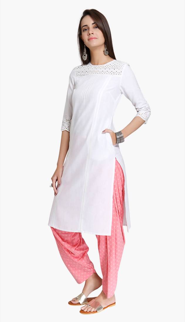 White Viscose Rayon embroidery Three Quarter Sleeves Round Neck stitched kurtas and kurtis