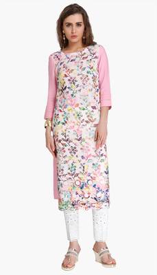 Pink Viscose Rayon embroidery Three Quarter Sleeves Round Neck stitched kurtas and kurtis 1