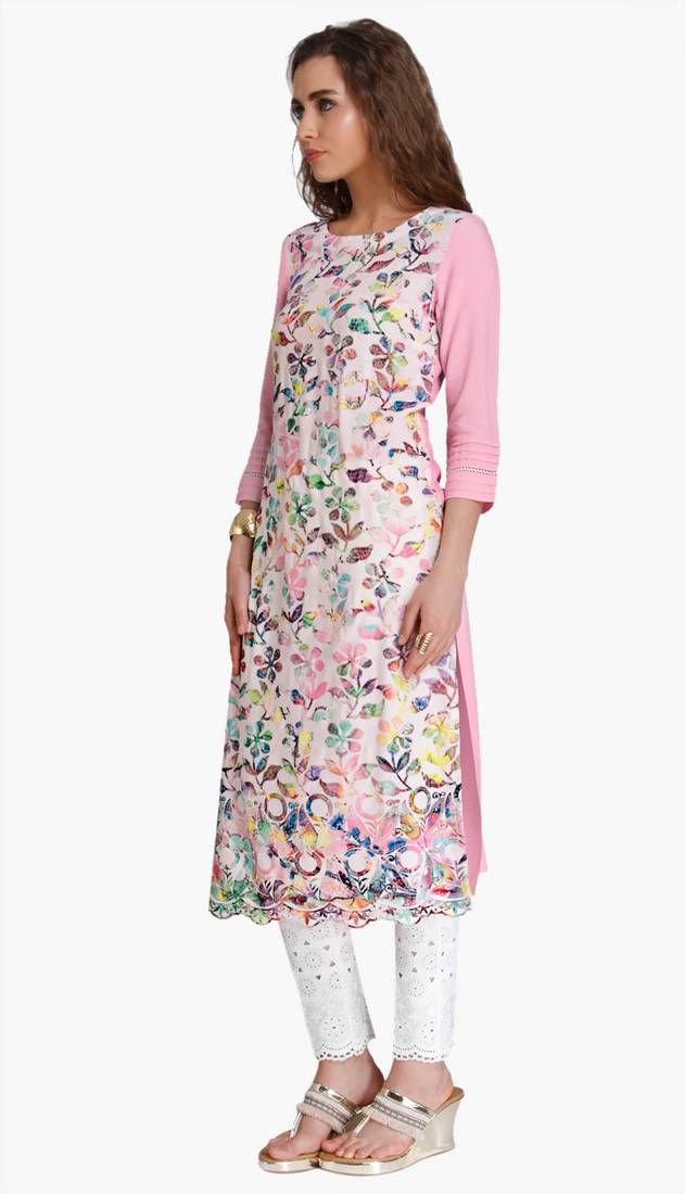 Pink Viscose Rayon embroidery Three Quarter Sleeves Round Neck stitched kurtas and kurtis