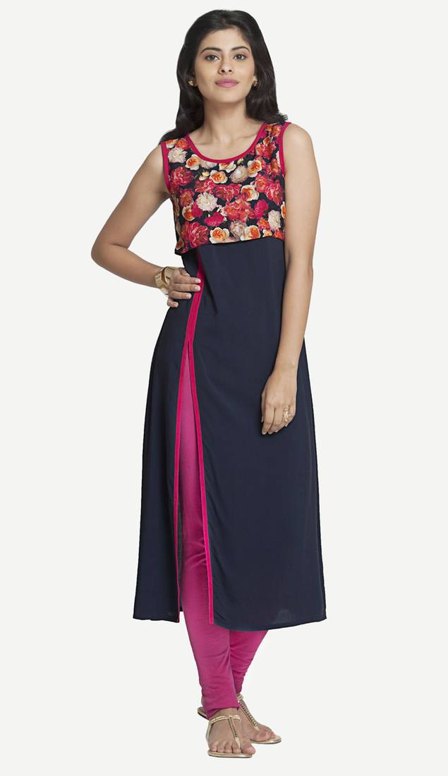Blue Viscose Rayon Sleeveless V Neck stitched kurtas and kurtis